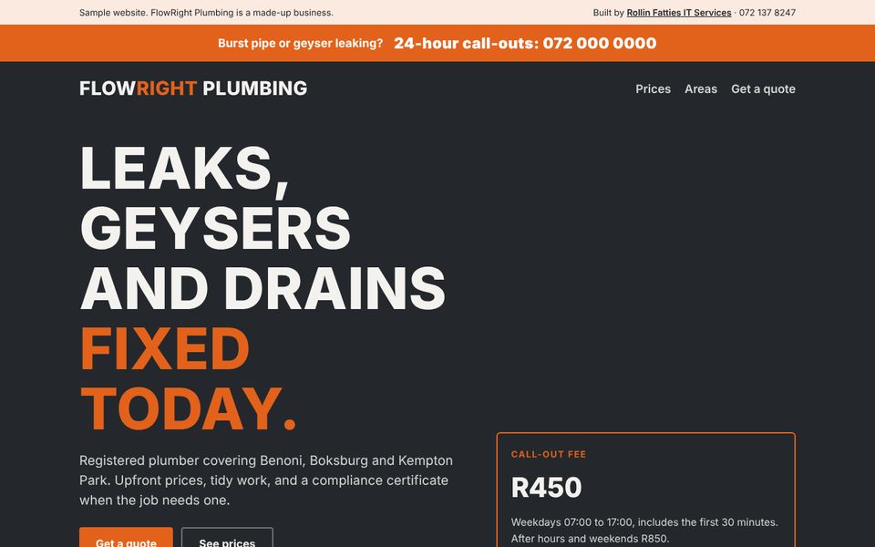 FlowRight Plumbing sample site on a computer
