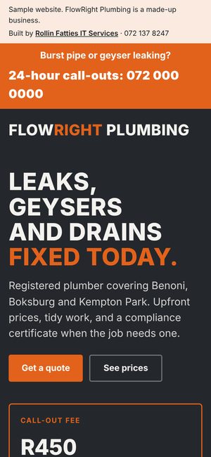 FlowRight Plumbing sample site on a phone