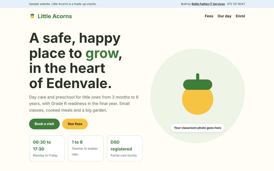 Little Acorns Creche sample site on a computer