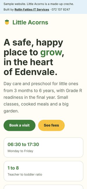Little Acorns Creche sample site on a phone