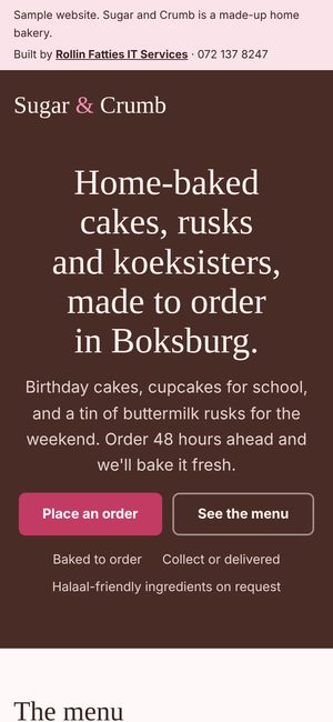 Sugar and Crumb sample site on a phone