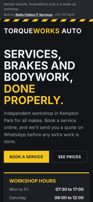 TorqueWorks Auto sample site on a phone